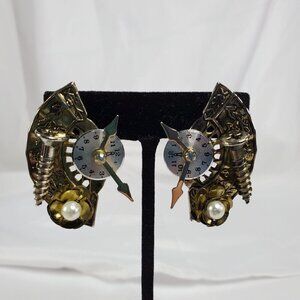 Steampunk Gear & Clock Dial post Earrings With Faux Pearl Victorian style